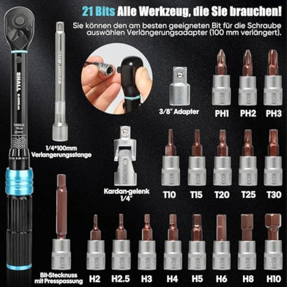 Shall 21-Piece 1/4" Torque Wrench Set, (2-25Nm) Dual Direction Adjustable 72 Tooth for Bike and Motorcycle Maintenance,with Extension Pole and Storage Box