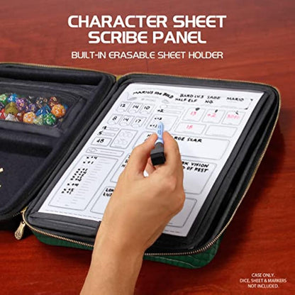 ENHANCE Collector's Edition RPG Organizer Case - DnD Binder with Built-in Character Sheet Holder and Erasable Scribe Panel, Dice Rolling Area, Removable Pen Pouch, Miniature Foam Tray (Dragon Green)