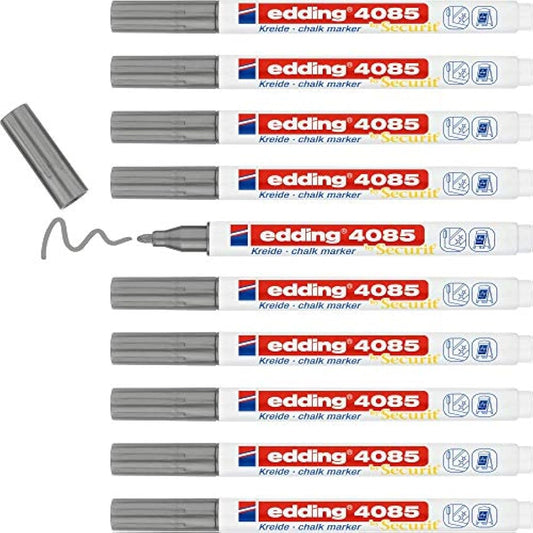 edding 4085 chalk marker - silver - 10 chalk pens - round tip 1-2 mm - fine-tipped wet wipe pen for chalkboards, windows, glass, mirrors - liquid chalk marker pens for opaque coverage