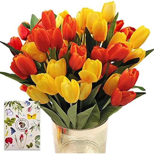 SnailGarden 36 Pcs Faux Tulips 13.8" Artificial Tulips Flowers with 2 Colors,Silk Tulips Flowers with 1 Pcs Greeting Card for Bridal Wedding Home Party Festival Flower Arrangements Decor(Red/Yellow)
