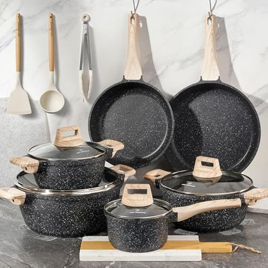 Just Perfecto Pots and Pans Sets Non Stick, Induction Hob Pan Set of 15 pcs, Saucepan Set, Non Stick Frying Pan Set with Lid Stock Pot, Deep Frying Pan, Pots and Pans Set Hob Granite Cookware Set