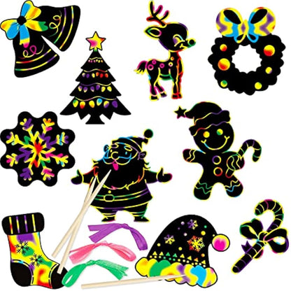 VEYLIN 48 Pieces Christmas Scratch Art Hanging Decorations, Christmas Scratch Papers with 48 Pieces Ribbons for Kids Party Bag Fillers