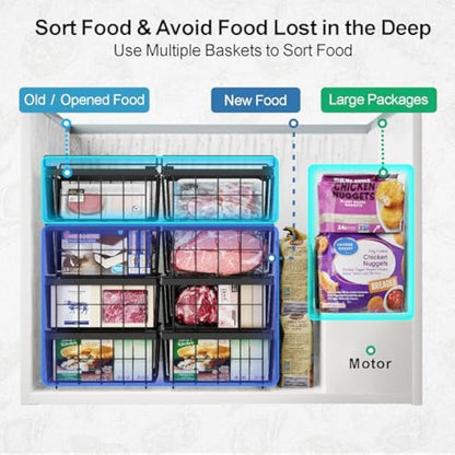 iSPECLE Chest Freezer Baskets - Expandable Fit 283 to 566L Deep Freezer, 4 Pack Large Stackable Wire Basket Add Space Easily Get Frozen Foods with Handles, Allow Air Circulation, Black