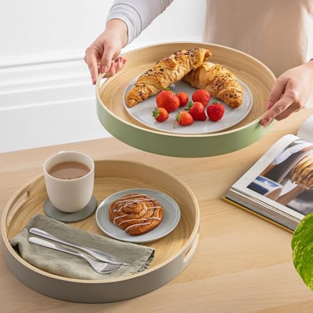 Dehaus® Stylish Wooden Bamboo Tray - Grey Large - Luxury Round Wood Lap Trays for Eating Dinner, Tea and Coffee Tray, Bar Drinks or Food Serving Trays with Handles - Eco Friendly