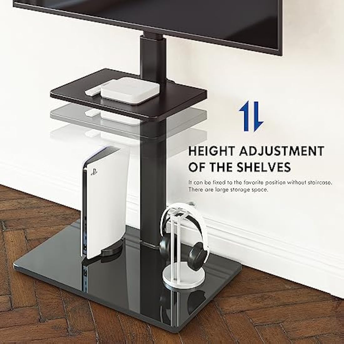 FITUEYES TV Floor Stand for 32 to 60 inch TVs, Floor Standing TV Stand with Adjustable Shelf, Swivel Bracket, Height Adjustable, Holds 30kgs, Max VESA 600x400mm Black