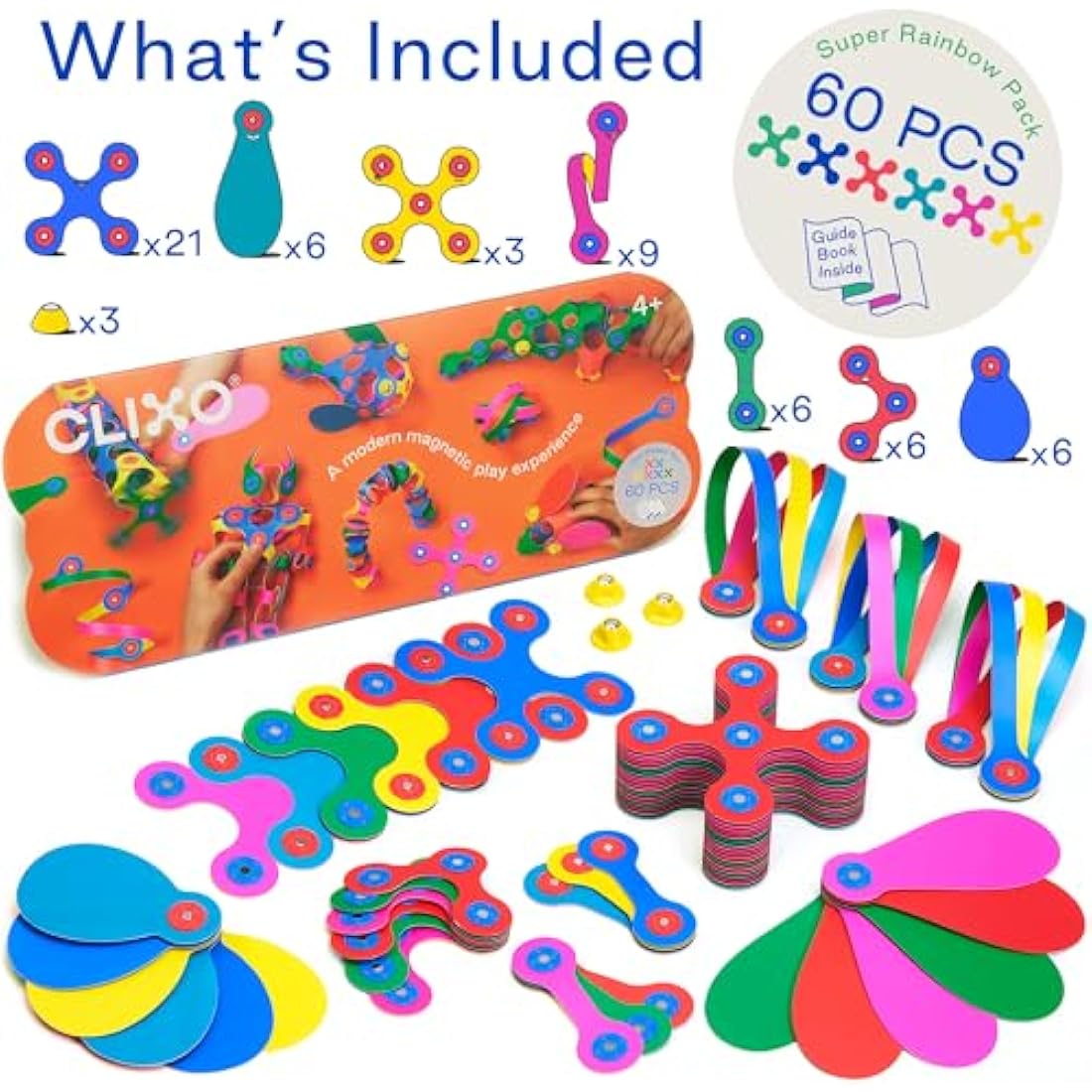 Clixo Super Rainbow 60 Piece Pack - A Creative, Travel Friendly Magnetic Building Toy, Flexible Design for Hours of Fun Creative Play, Great gift for Curious Kids, Ages 4-99