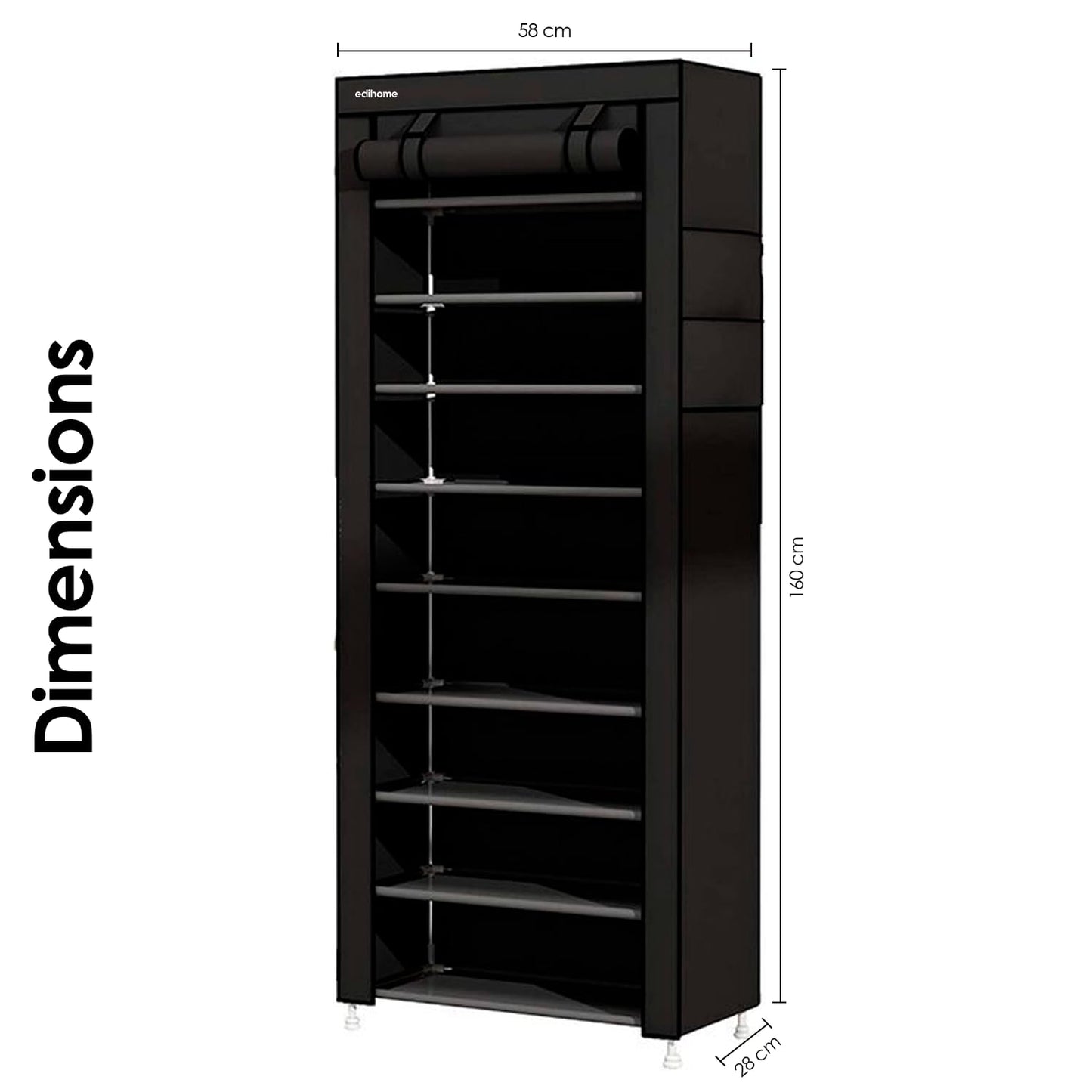 edihome, Fabric Shoe Rack, 9 Levels, Narrow and High Shoe Racks, (58 x 28 x 162 cm) with Outer Cover, with Zip, for Trainers, Heels or Shoes (Black)