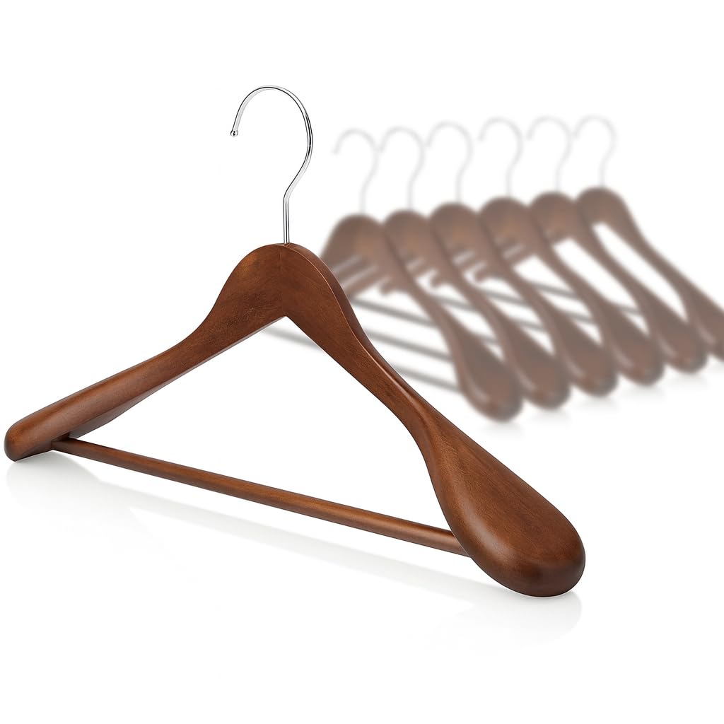 MELA'S Wooden Wide Clothes Hanger, Natural Wood, Pack of 10, Non-Slip, for Stable Jacket, Suit, Shirts, Extra Wide Shoulders, Trouser Bars