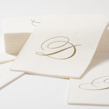 Caspari " Signature Gold Initial V Paper Linen Guest Towels, White Pearl, Pack of 24