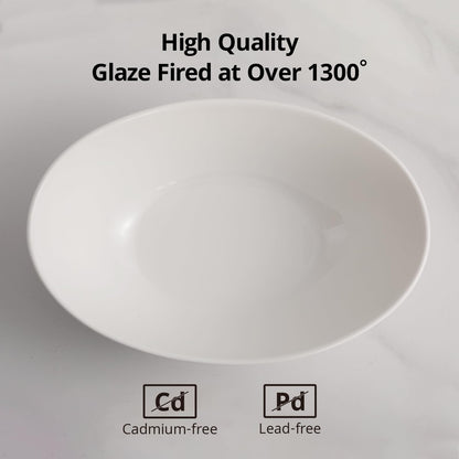 LIFVER Salad Bowl, 36oz White Porcelain Bowls Set of 4 for Pasta, Cereal, Soup, Dessert, Ramen, Microwave & Dishwasher Safe Oval Serving Bowl, 9" x