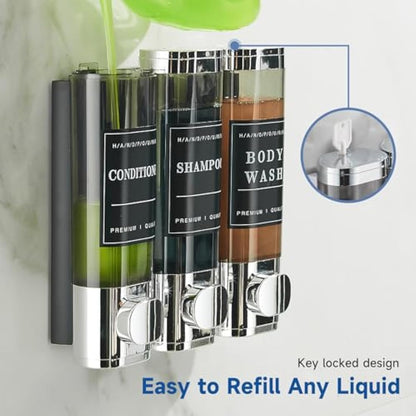Unisense 3 Chamber Wall-Mounted Shampoo and Conditioner Dispenser for Shower - No Drill, Large Capacity, Chrome