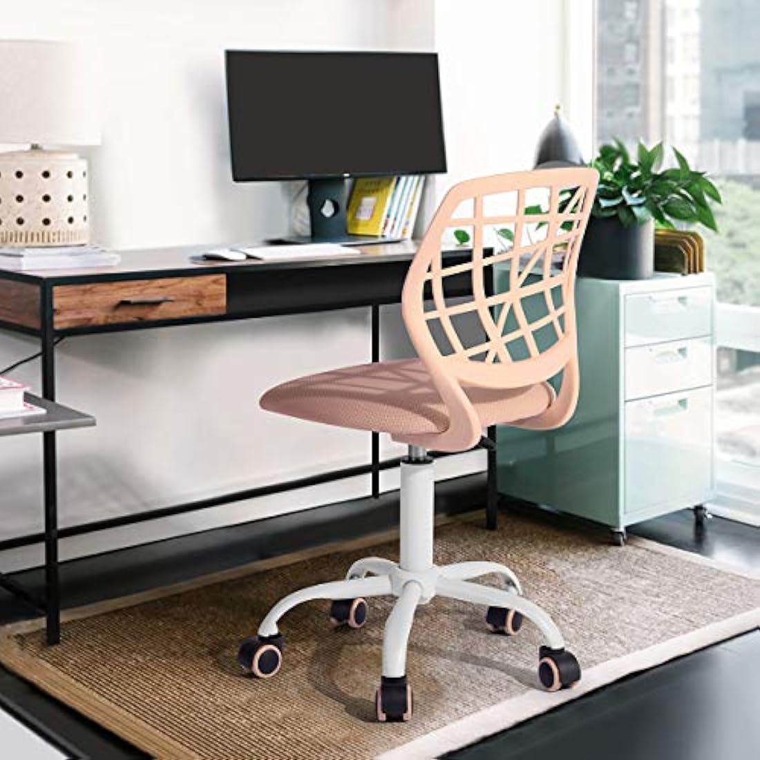 FurnitureR Office Chair Desk Chair Adjustable Height Swivel Fabric Seat Ergonomic Work Chair without Armrest, Light Pink