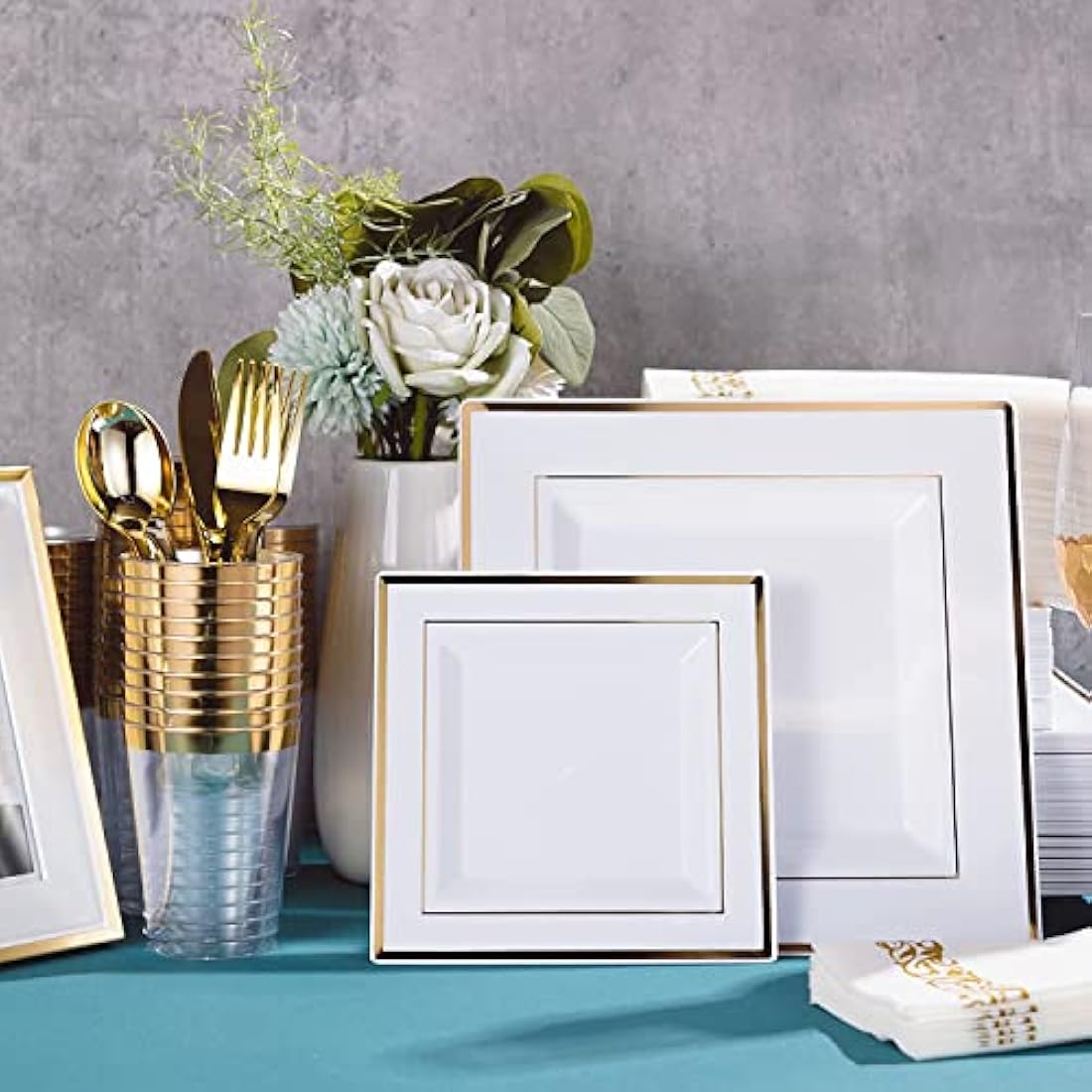 Square Dishes Plates Cups Cutlery for 25 on Special Occasions,175 Pieces of Reusable Plastic Dinnerware for Dinners, Birthdays, Valentines, Parties, Easter, Weddings, Summer Celebrations (Gold)