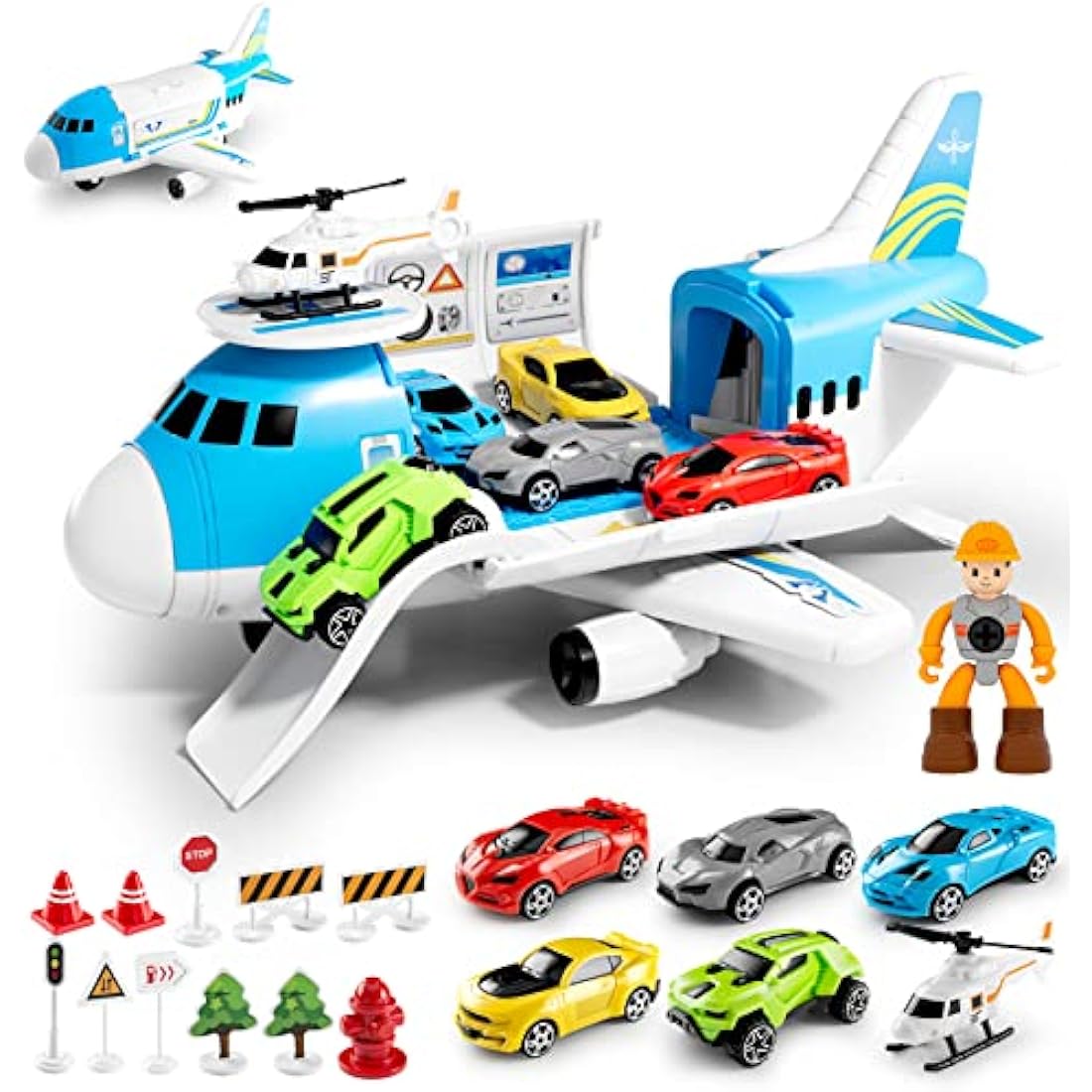 Toy for 3 Year Old Boys,Toy Cars set,Transport Cargo Airplane with 5 Mini Cars, 1 Helicopter,1 Engineer,11 Traffic Signs,Gifts for Kids Boys Girls Age 3 4 5