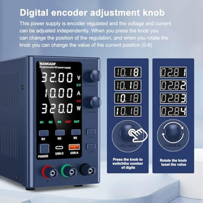 DC Power Supply 0-32V 0-10A, Lab DC Power Supply Variable with Memory Storage, Bench Power Supply with Encoder Adjustment & USB-A/Type-C Fast Charging Interface
