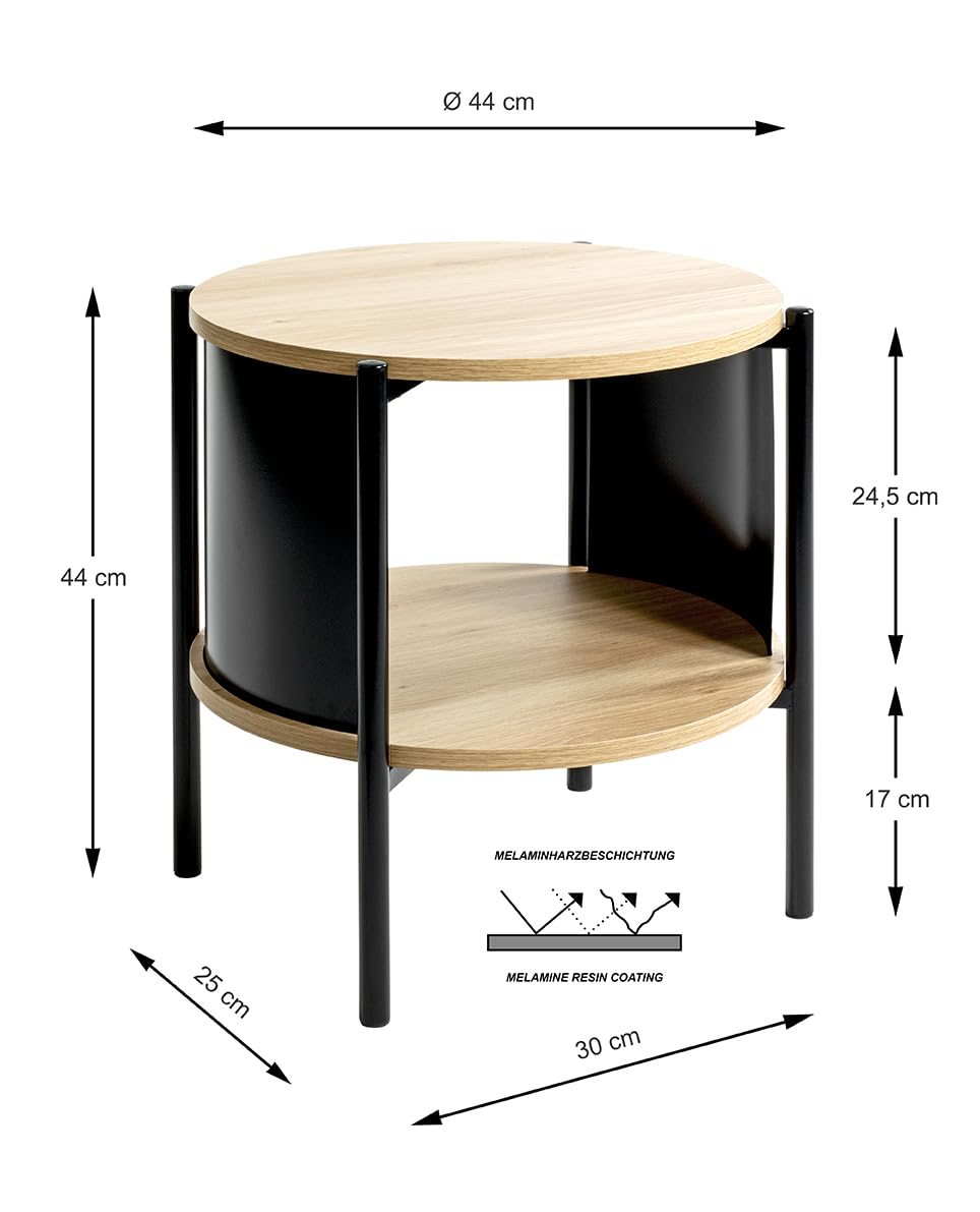 HAKU Side Table Round Side Table Natural Oak Black MDF Top Metal Frame Round Coffee Table - Dimensions: H 44 x Ø 44 cm Style: Modern