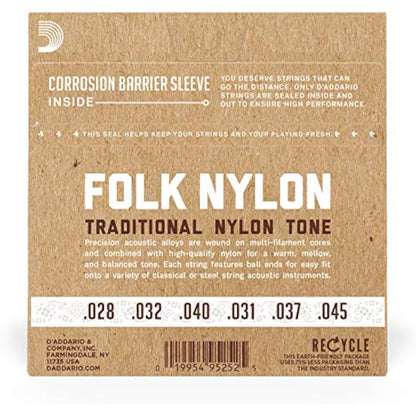 D'Addario Folk Nylon Classical Guitar Ball End String Set, Nylon, EJ34 Black Trebles 80/20 Bronze Basses