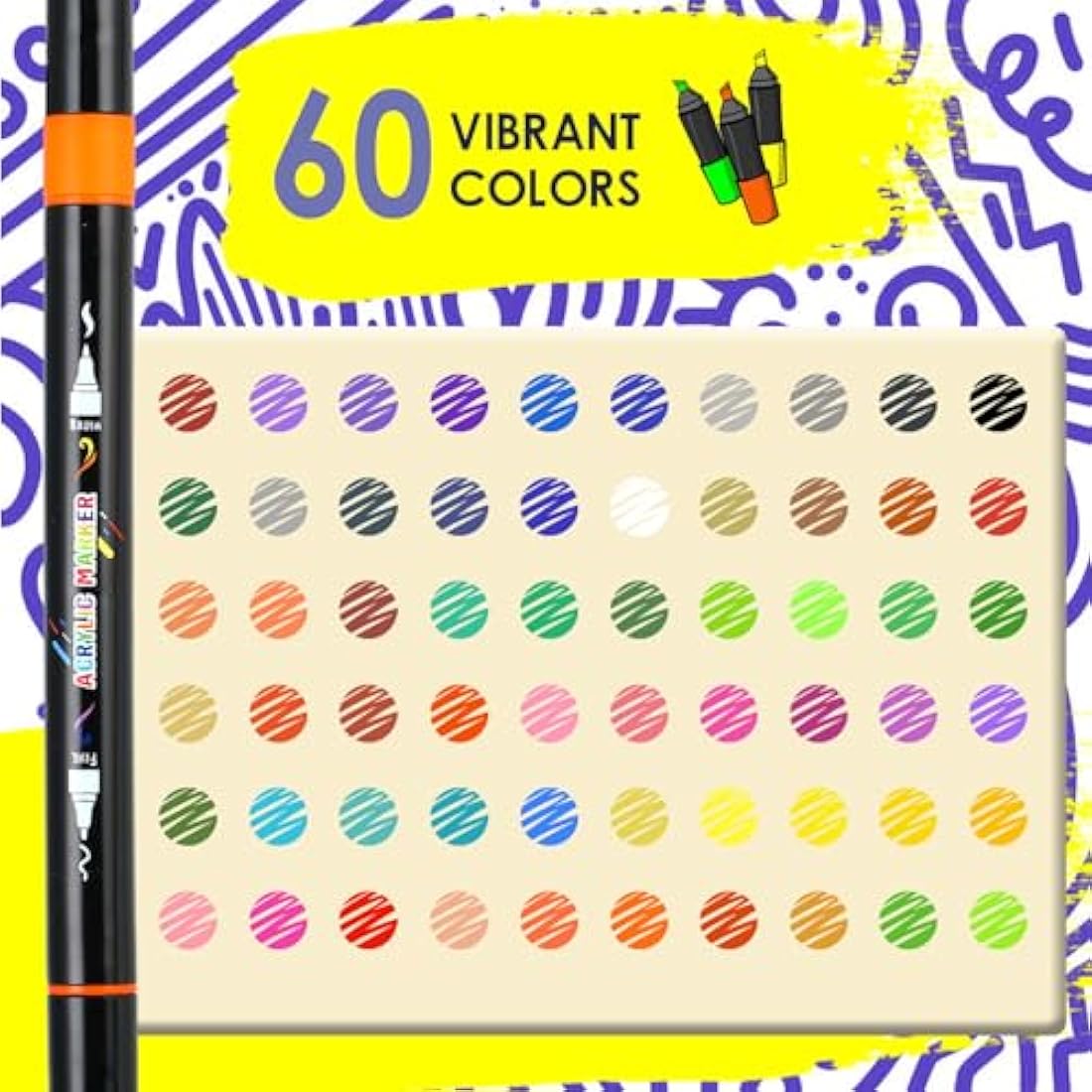 60 Colours Acrylic Paint Pens for Rock Painting Fabric Glass Stone Ceramic Wood Metal, Dual Tip Acrylic Markers Set for Easter Egg Pumpkins Christmas, Arts and Crafts for Adults and Kids