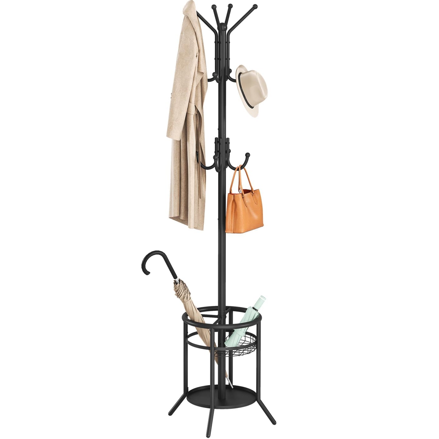 ELYKEN Metal Coat Stand with Umbrella Holder Vintage for Office Black