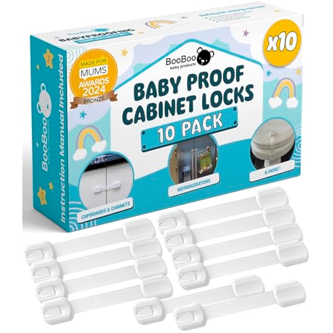BooBoo® (10 PACK) Premium Child Locks For Kitchen Cupboards, Child Proof Cabinet Locks, Drawer Locks Baby Proofing Cabinets with No Drilling, Extra strong Adhesive + 4 Extra Stickers