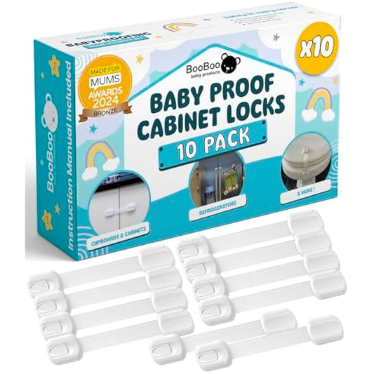 BooBoo® (10 PACK) Premium Child Locks For Kitchen Cupboards, Child Proof Cabinet Locks, Drawer Locks Baby Proofing Cabinets with No Drilling, Extra strong Adhesive + 4 Extra Stickers