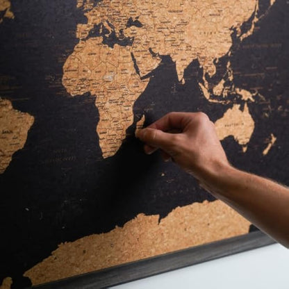 Splosh Large Maps. World Map Pin Board in Black, Wooden Frame. World Map Cork Board with 100 Pins in 2 Colours to Mark Your Past and Future Adventures. Framed World Maps for Wall. (Black)
