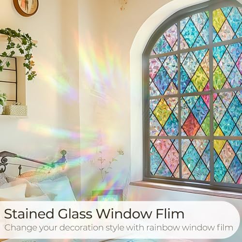 Beautysaid Rainbow Privacy Window Film: Stained Glass, No-Glue Frosted Window Film, Static Cling Film (Multicolor, 60x400cm