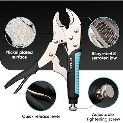 Shall 6-Piece Locking Pliers Set - 5", 7" & 10" Curved Jaw, 6-1/2" & 9-1/2" Long Nose, 6" C-Clamp - Two-Color TPR Handle, Roll Up Pouch Included