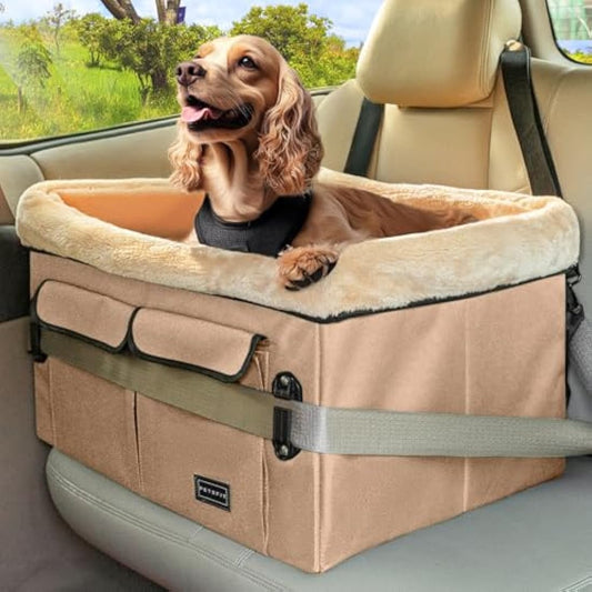 Petsfit Dog Car Seat Medium Sized Dog, with Patent Buckles, Washable Pad, Upgraded Booster Car Seat Up to 20 KG, Khaki
