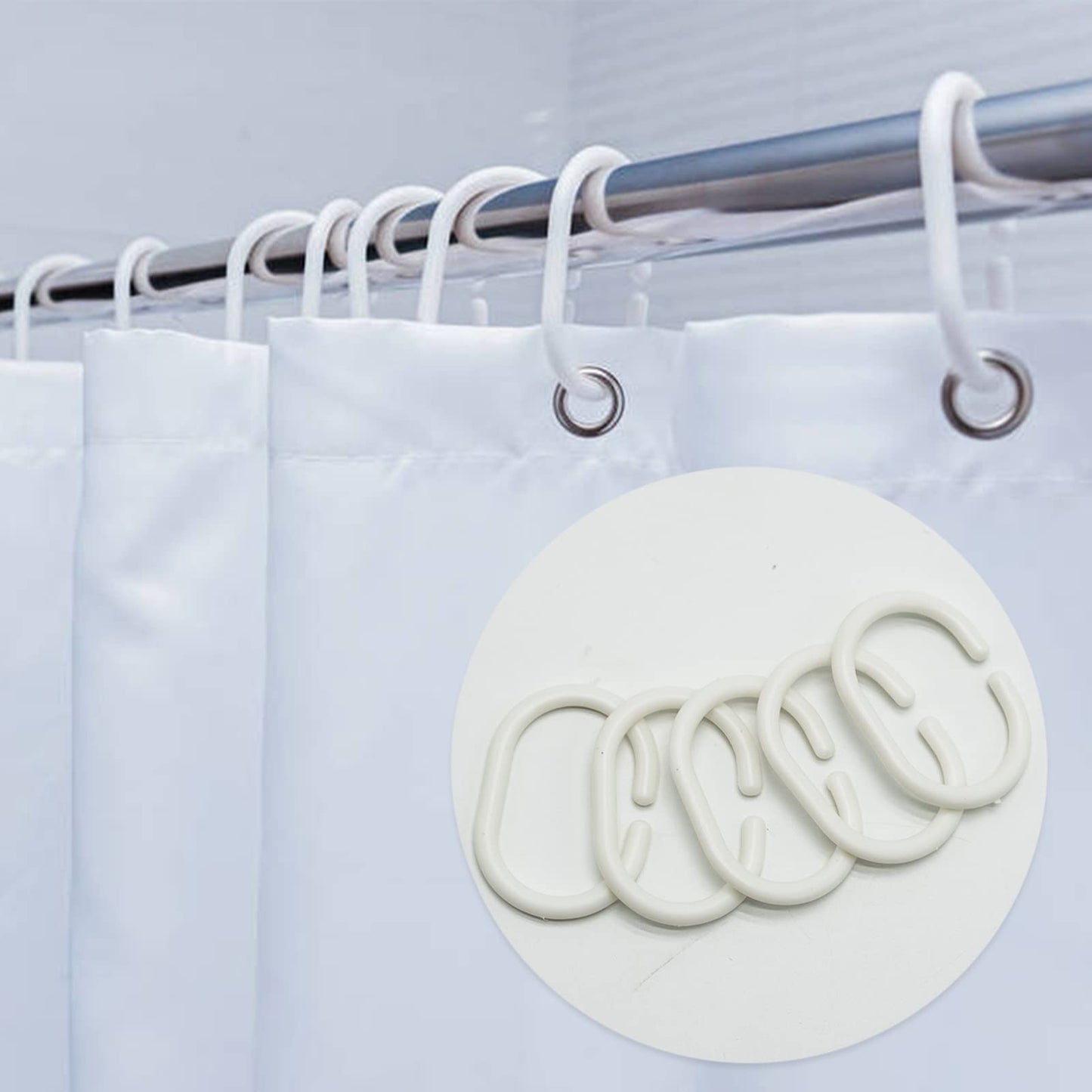12 Pack Plastic Shower Curtain Rings, C-Shaped Hooks for Bathroom, White