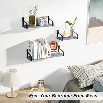 Love-KANKEI Rustic Shelves, Decorative Wall Shelf Set of 3, Floating Shelves for Bathroom, Bedroom, Living Room,Kitchen, Office and More, Weathered Grey