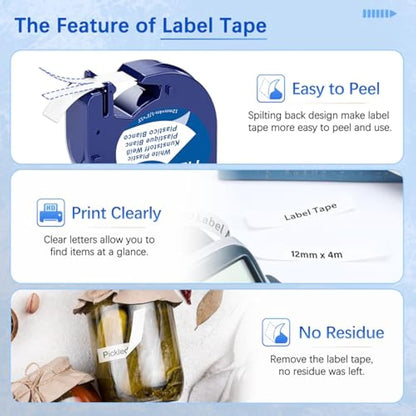MarkField Compatible Label Tapes Replacement for Dymo Letratag Plastic White Tape 91201 S0721610, Compatible for Dymo Letratag LT-100H LT-100T LT-110T QX50 XR XM 200B Plus, 12mm x 4m, 10-Pack