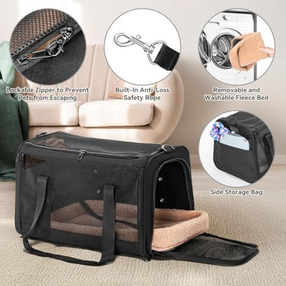 Petsfit Cat Carrier Car, Small Dog Carrier with Upgraded Patented Car Buckle Soft Sided Pet Carrier for Puppy, 4 Side Ventilated with Adjustable Shoulder Straps and Soft Cushion,Black