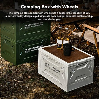 Folding Storage Box with Wood Lid, 50L Collapsible Storage Bin with Wheels and Locking Plate for Camping Car Picnic Organization