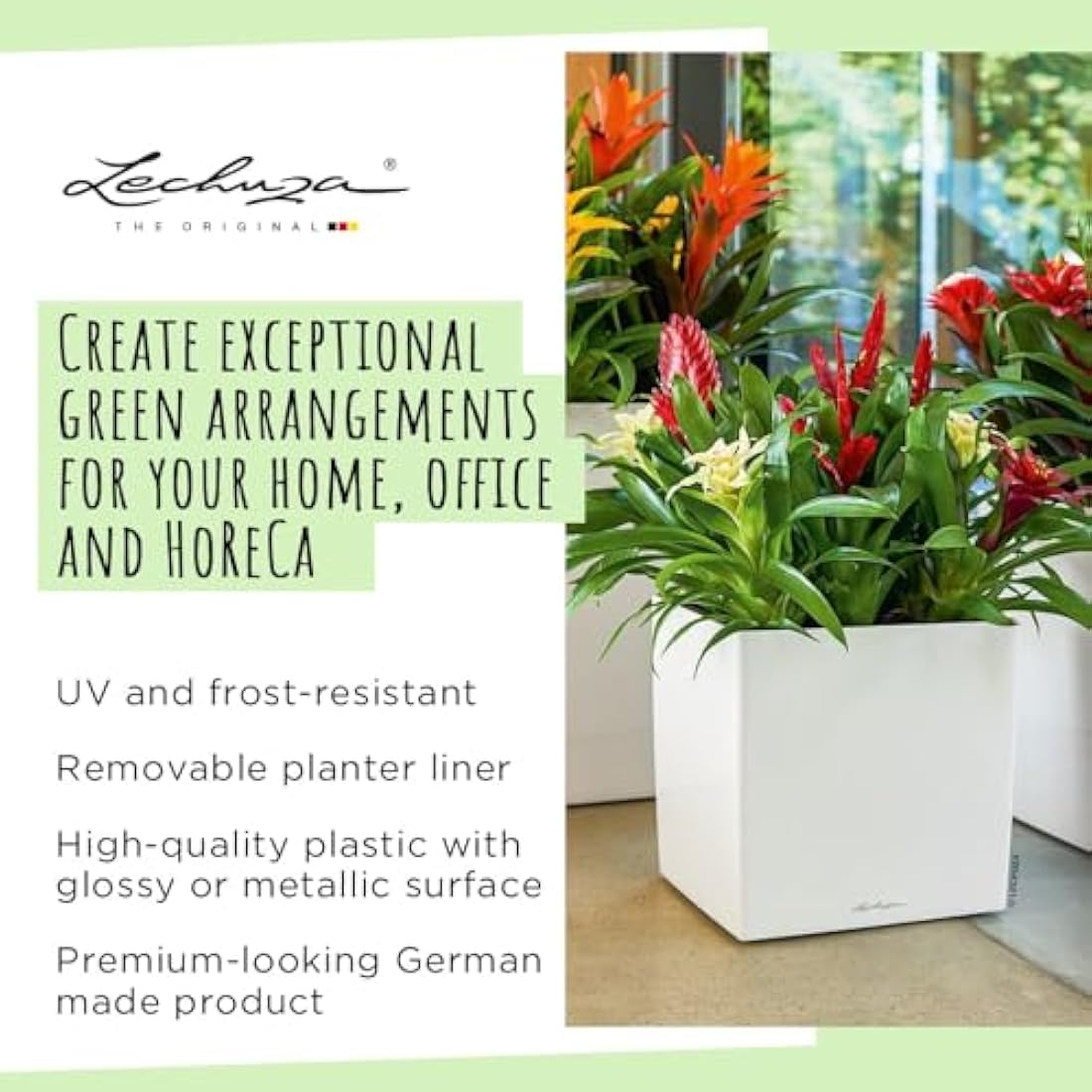 Lechuza Self Watering Plant Pot CUBE 40 Garden Flower Indoor and Outdoor Plastic Planter with Drainage Hole H40 L40 W40 cm White High-Gloss