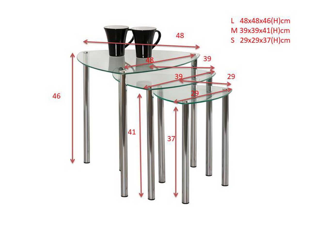 ASPECT Arena Set of 3 Nesting END Side Table-Clear Glass,Chrome Legs, 48x48x46 cm