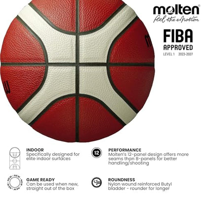 Molten BG3800 Basketball, Indoor, FIBA Approved, Composite Leather, Size 5, Orange/Ivory, Suitable For Boys Age 7, 8, 9, 10 & 11, Girls age 12 & 13