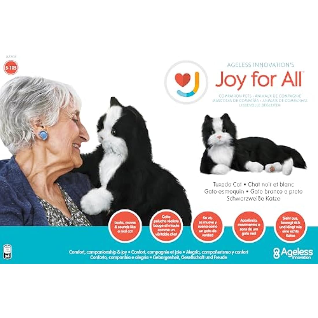 Ageless Innovation Joy For All Interactive Pet Cat - Lifelike & Realistic Companion with Soft Fur and Soothing Purrs, No Assembly Required - Black & White Tuxedo