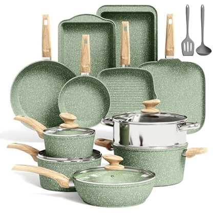 Kitchen Academy 17 Pcs Pots and Pans Set Non Stick, Induction Kitchen Cookware Set, Green Healthy Nonstick Granite Coated Saucepans Frying Pans Set, PFOA & PFOS Free