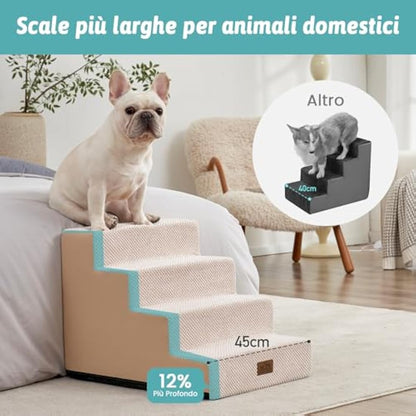 COZY KISS Wide Dog Stairs for Small Dogs, 17.7" Width Pet Steps for Bed Sofa Car, 45 cm High Non-Slip Dog Stair for Old Cats, Puppy, Small Medium Dogs, 60x45x45 cm, 4 Tiers, Beige