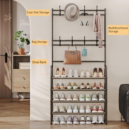 Dazioter Coat Rack Shoe Rack With Storage Shelf Freestanding with 8 Hooks for Entryway Bedroom (Brown, 4Tier)