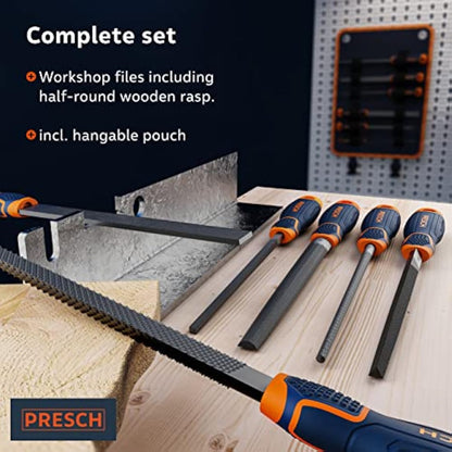 Presch File Set Metal and Wood 6 pcs. with Bag - Professional File Set incl. Half-Round rasp, Flat Stump File, Half-Round File, Round File, Triangular File and Square File
