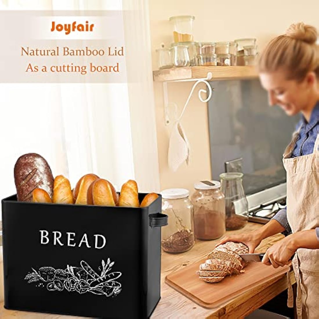 Joyfair Bread Bin, Metal Bread Box with Bamboo Cutting Board Lid, Extra Large Loaf Holder for Kitchen Countertop, Vintage Storage Container fit 2 Loaves, Space Saving & Farmhouse Style, Black