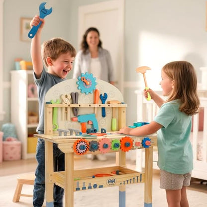 Tool Bench for Kids Toy Play Workbench Wooden Tool Bench Workshop Workbench with Tools Set Wooden Construction Bench Toy for 3 4 5 Year Old Boys and Girls