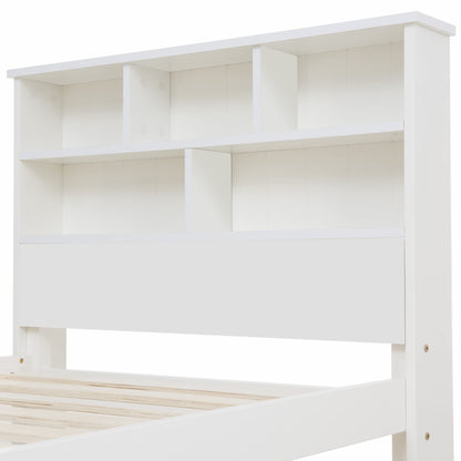 BTM Wooden Bed Frame with Shelves,Wooden Storage Bed, Shelf Headboard, Single Bed for Adult,Kids, Teenagers - 3FT 90 x 190 cm, White