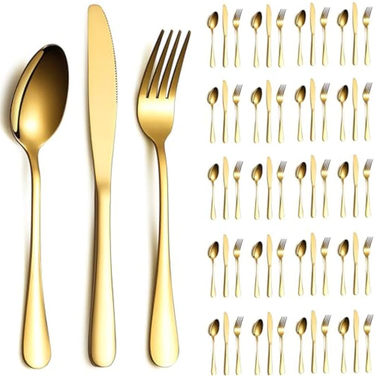 ReaNea Gold Cutlery Set 60 Pieces Service for 20, Stainless Steel Knives Spoon Forks Set for Wedding, Parties, Evens, Home, Gift for Thanksgiving, Christmas