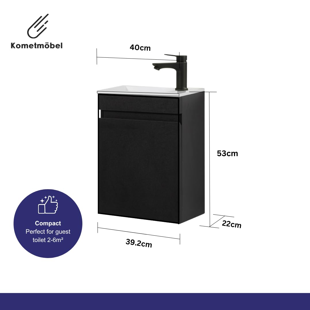 Kometmöbel Cloakroom Vanity Unit With Wash Basin Bathroom Vanity 40cm Wall Hung (Black 40cm, Without Tap)