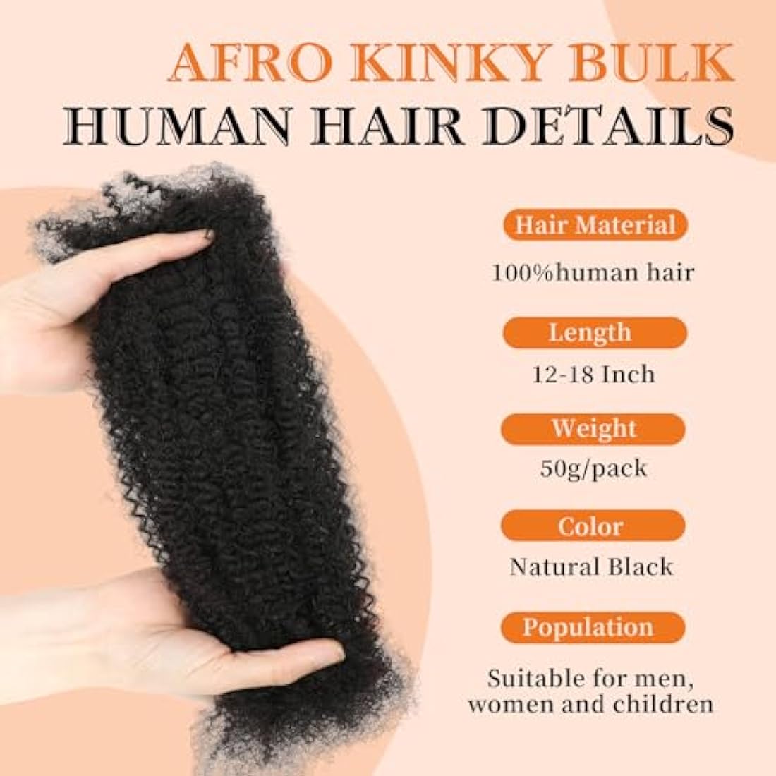 Yacurcur Afro Kinkys Bulk Human Hair 50g/Pack Braiding Hair for Dreadlocks Extensions,Loc Repair,Twist Braiding No Short Hair 4C Afro Kinky Human Hair Natural Black (14 Inch)