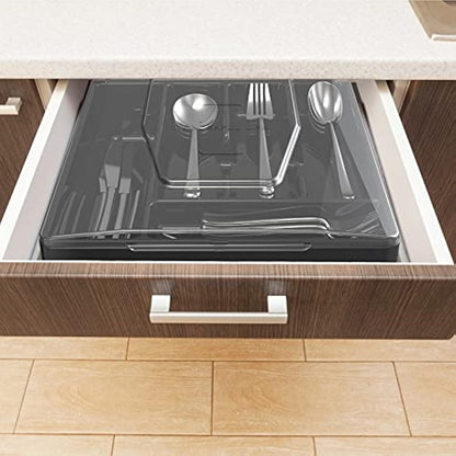 WURDON Double Layer Flatware Organizer with Lid, Cutlery Tray for Countertop Silverware Tray for Kitchen Drawers with 2 Tier Utensil Holder and 9 Compartments Silverware Storage Bin (Black)