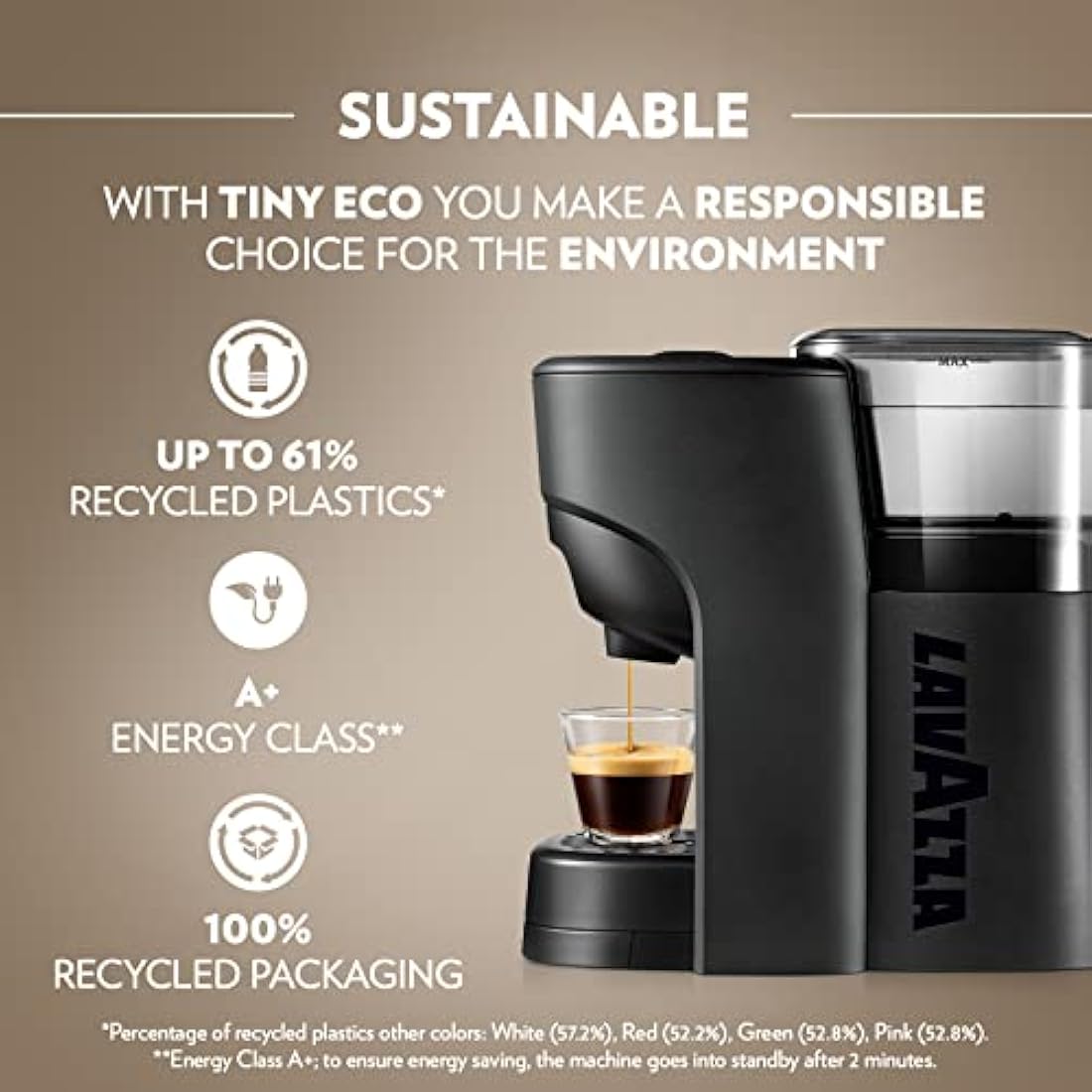 Lavazza, A Modo Mio Tiny Eco, Coffee Capsule Machine, Compact, Compatible with A Modo Mio Coffee Pods, with Automatic Shut-Off, Removable and Adjustable Cup Rest, 1450 W, 220-240 V AC, 50-60 Hz, Black